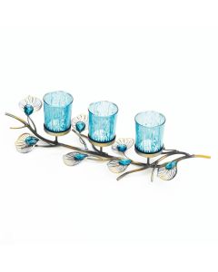 Elegant Peacock Feather Trio Candle Holder – Blue Glass Tealight Centerpiece